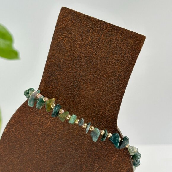 Moss Agate Gemstone Bracelet 8" With Gold-Tone Beads & Spring Ring Clasp - Picture 7 of 9